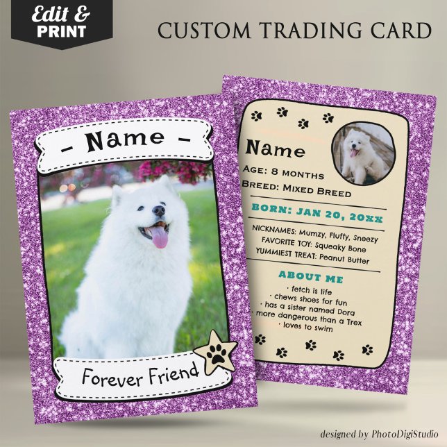 Custom Pet Trading Card, Therapy Dog Trading Calling Card (Glitter Pink Pet Trading Card Dog Trading Card Therapy Dog)