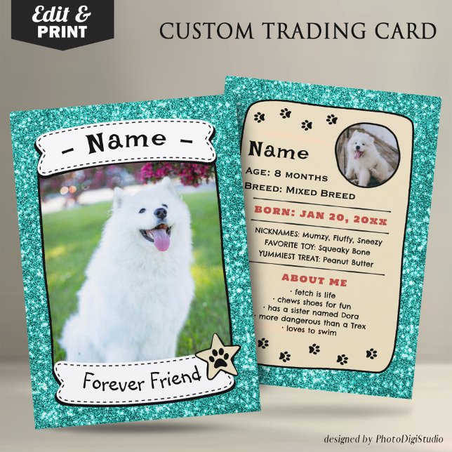Custom Pet Trading Card, Therapy Dog Trading Calling Card (Glitter Green Neutral Pet Trading Card Dog Trading Card Therapy Dog)