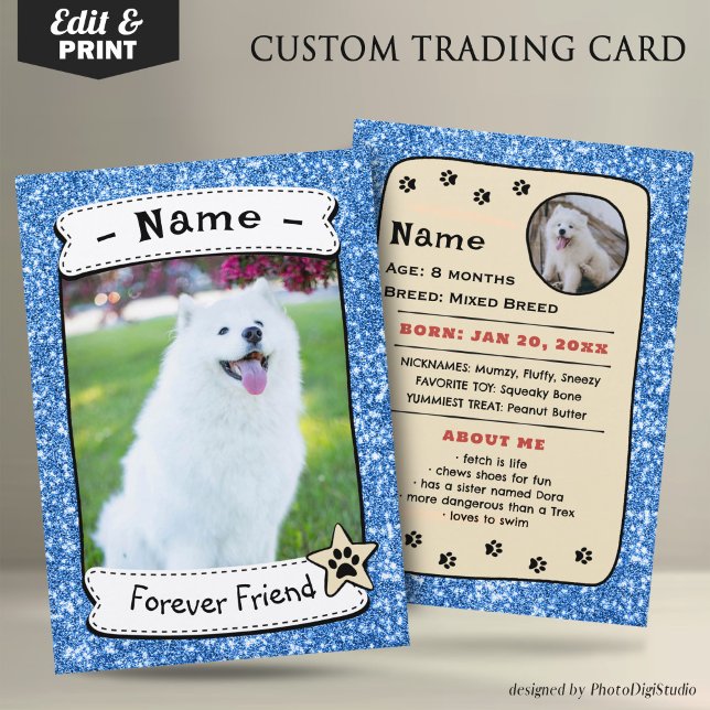 Custom Pet Trading Card, Therapy Dog Trading Calling Card (Glitter Blue Pet Trading Card Dog Trading Card Therapy Dog)