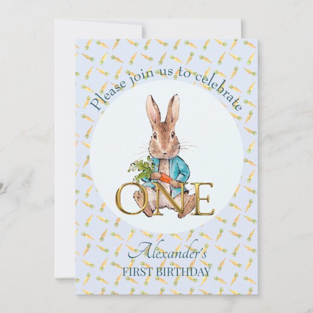 Custom Peter the rabbit First Birthday Invitation (Front)