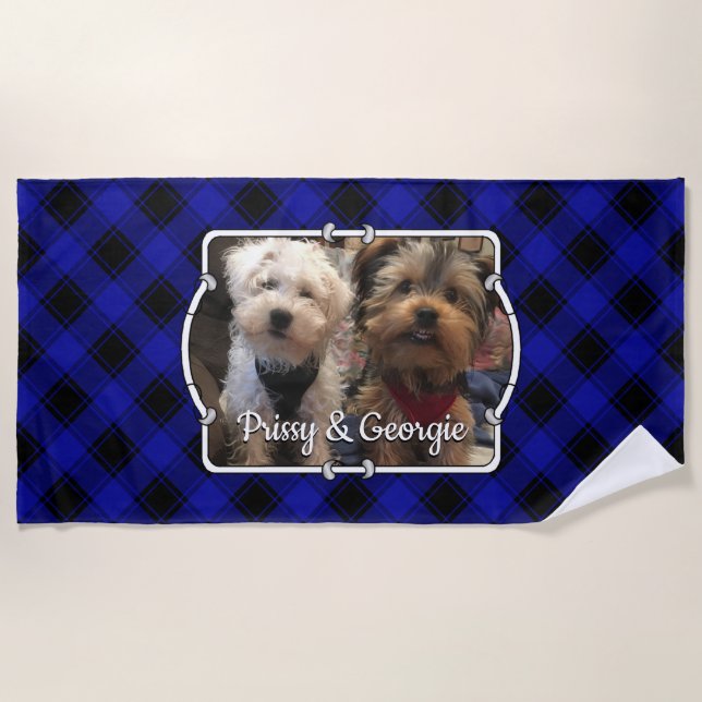 Custom Pets Photo Frame Classic Blue & Black Plaid Beach Towel (Front)