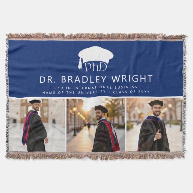 Custom PhD Doctoral Grad Hat Doctoral Graduation Throw Blanket (Front)
