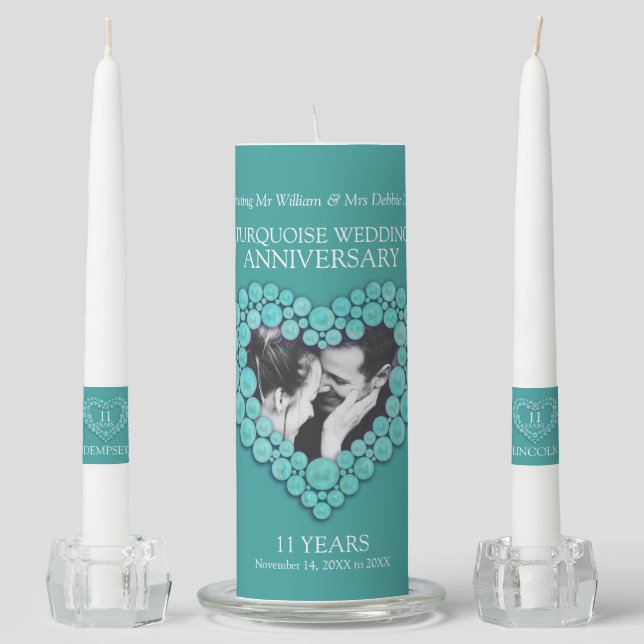 Custom photo 11th wedding anniversary turquoise unity candle set (Front)