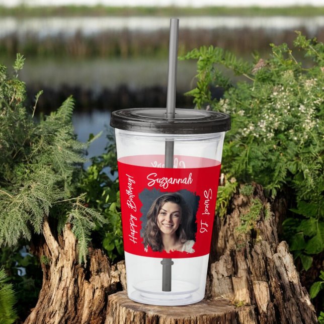 Custom Photo 16th Happy Birthday Personalized Red Acrylic Tumbler (custom photo and text tumbler front)