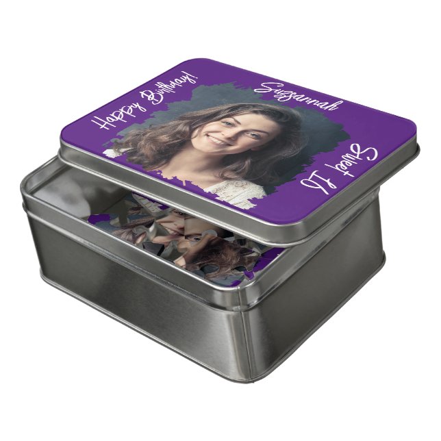 Custom Photo 16th Happy Birthday Purple Template Jigsaw Puzzle (Lid Open)