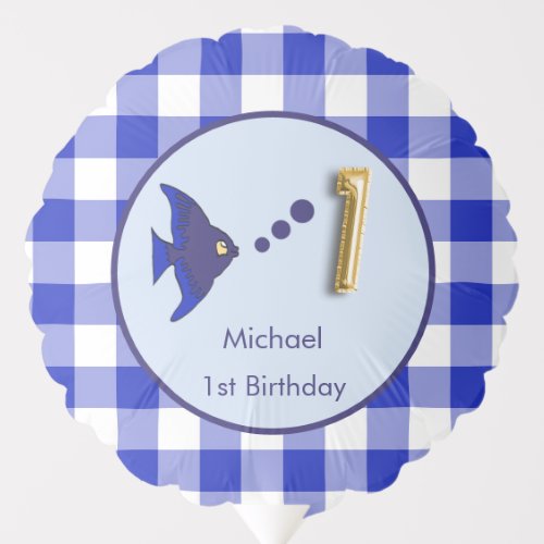 Custom Photo 1st Birthday Blue Gingham Fish Balloon