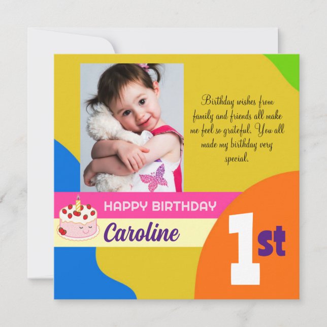 Custom Photo 1st Birthday Flat Thank You Card (3) (Front)