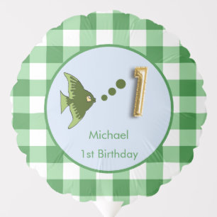 Custom Photo 1st Birthday Green Gingham Fish Balloon