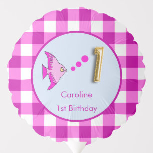 Custom Photo 1st Birthday Pink Gingham Fish Balloon