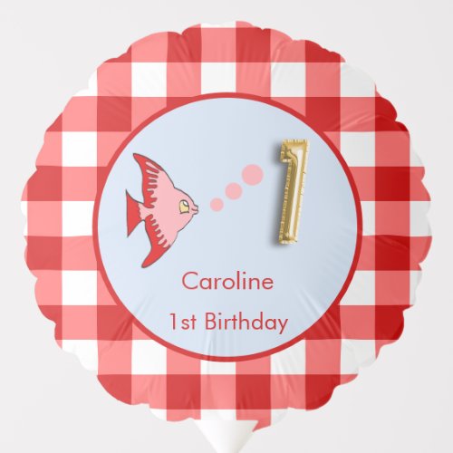 Custom Photo 1st Birthday Red Gingham Fish Balloon