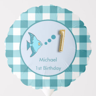 Custom Photo 1st Birthday Teal Blue Gingham Fish Balloon