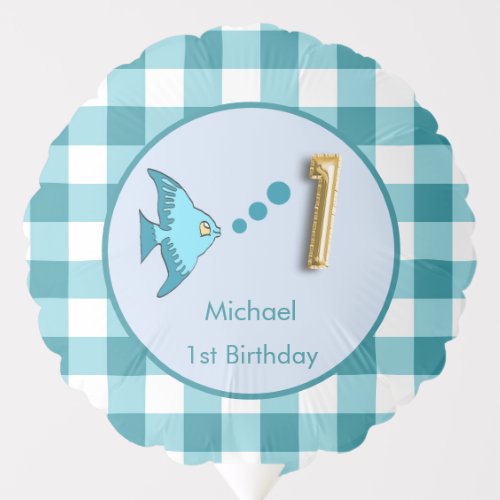 Custom Photo 1st Birthday Teal Blue Gingham Fish Balloon