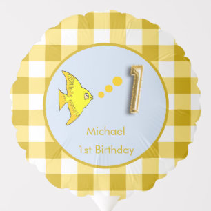 Custom Photo 1st Birthday Yellow Gingham Fish Balloon