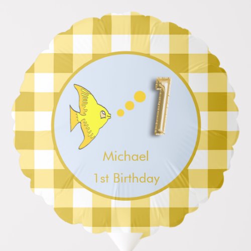 Custom Photo 1st Birthday Yellow Gingham Fish Balloon
