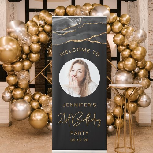 Custom Photo 21st Birthday Black Gold Agate Retractable Banner