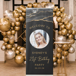 Custom Photo 21st Birthday Black Gold Agate Retractable Banner