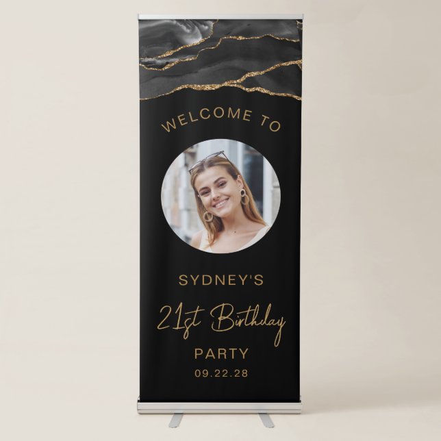 Custom Photo 21st Birthday Black Gold Agate Retractable Banner (Front)