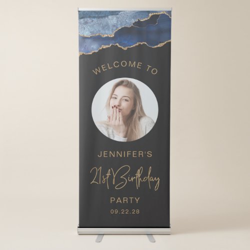 Custom Photo 21st Birthday Navy Blue Gold Agate Retractable Banner