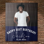 Custom Photo 21st Birthday Party Wall Backdrop<br><div class="desc">Happy Birthday! Custom Photo Booth or Party Wall Backdrop as birthday party wall decor! Space for 1 huge photo with your name,  message,  and birthday date. This layout features a modern,  sporty typography design as well as a cool signature script. This is the navy blue version.</div>