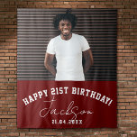 Custom Photo 21st Birthday Party Wall Backdrop<br><div class="desc">Happy Birthday! Custom Photo Booth or Party Wall Backdrop as birthday party wall decor! Space for 1 huge photo with your name,  message,  and birthday date. This layout features a modern,  sporty typography design as well as a cool signature script. This is the maroon red version.</div>