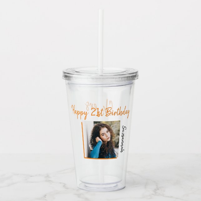 Custom Photo 21st Happy Birthday Party Template Acrylic Tumbler (Front)