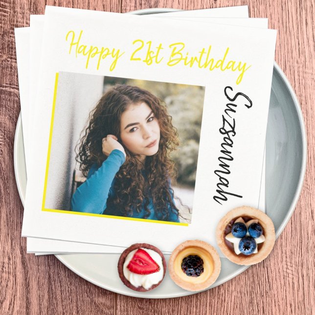 Custom Photo 21st Happy Birthday Party Template Napkins (custom photo and template text napkin)