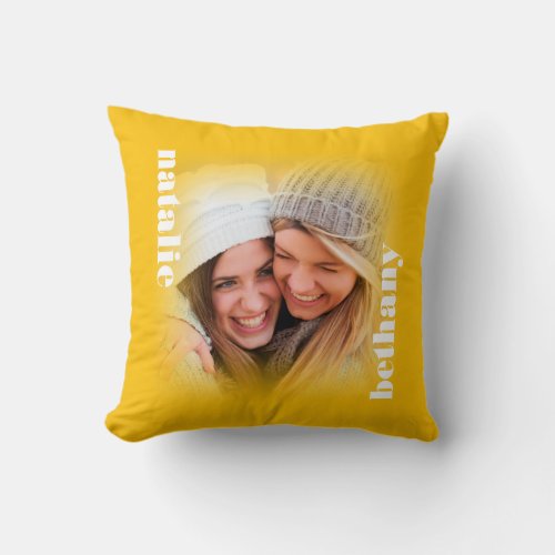 Custom Photo 2 Names Typography Bright Yellow Throw Pillow