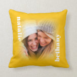Custom Photo 2 Names Typography Bright Yellow Throw Pillow<br><div class="desc">This design features a custom photo with a gradient border on a bright marigold yellow background. The chunky white typography text is arranged vertically, reading top to bottom on the right and bottom to top on the left. Easily personalize it by replacing the sample image with your favorite square photo...</div>