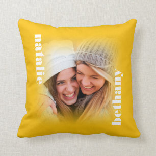 Custom Photo 2 Names Typography Bright Yellow Throw Pillow