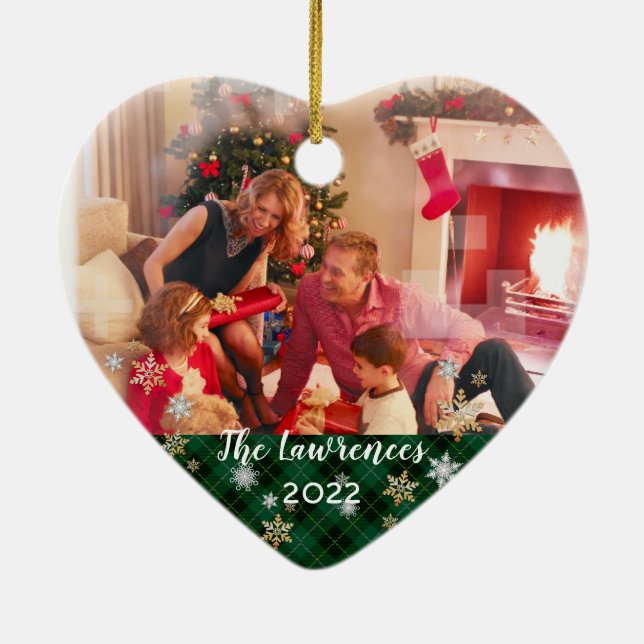 Custom Photo 2-sided Green Plaid Merry Christmas Ceramic Ornament (Back)