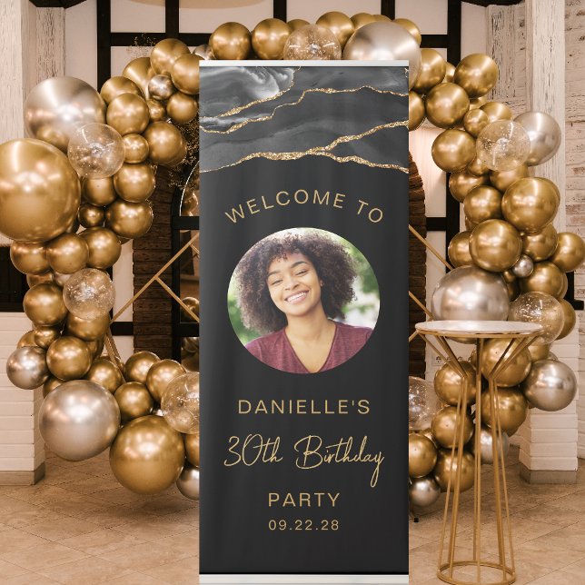 Custom Photo 30th Birthday Black Gold Agate Retractable Banner (Creator Uploaded)