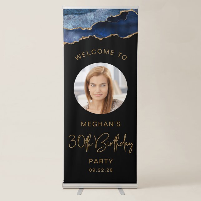 Custom Photo 30th Birthday Navy Blue Gold Agate Retractable Banner (Front)