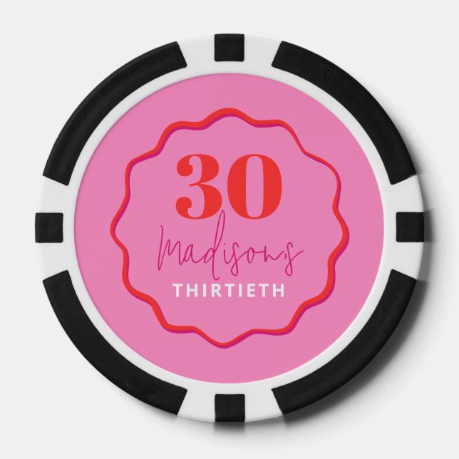 Custom Photo 30th Birthday Poker Chip Pink & Red (Front)