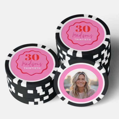 Custom Photo 30th Birthday Poker Chip Pink  Red
