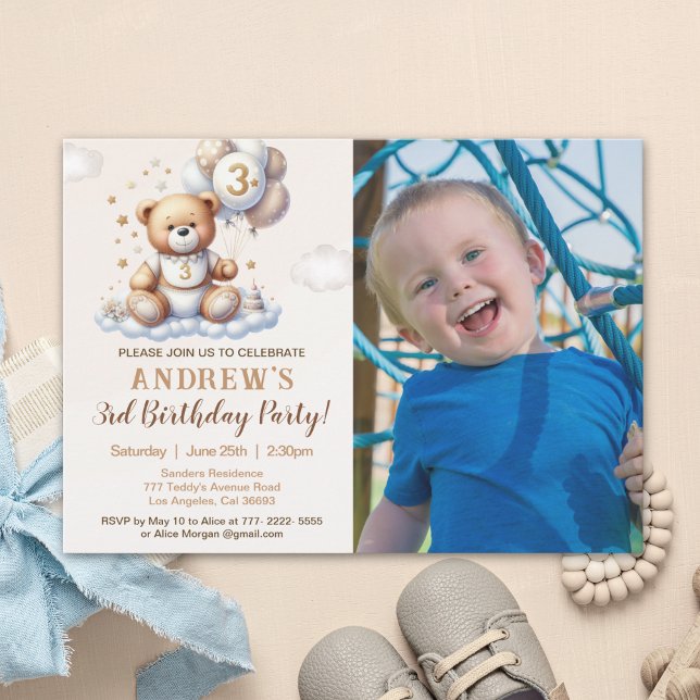 Custom Photo 3rd Birthday Invite – Bear on a Cloud (Creator Uploaded)