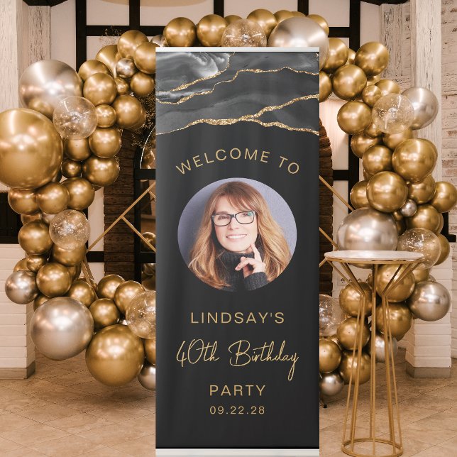 Custom Photo 40th Birthday Black Gold Agate Retractable Banner (Creator Uploaded)