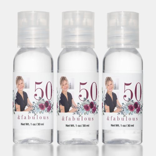 Custom photo 50 and fabulous floral birthday favor hand sanitizer