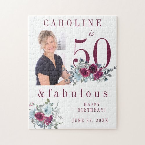 Custom photo 50 and fabulous floral birthday gift jigsaw puzzle