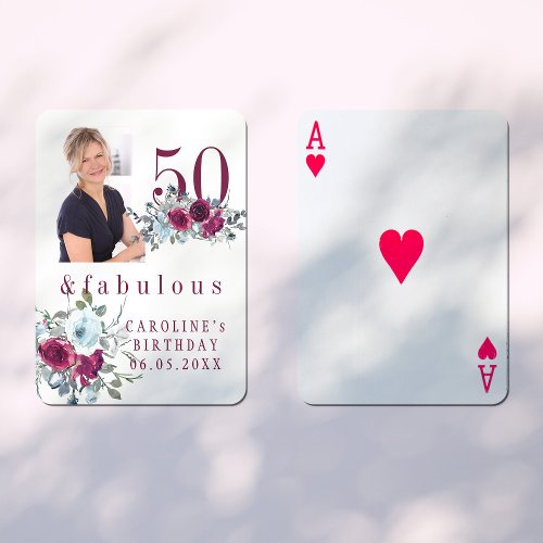 Custom photo 50 and fabulous floral birthday gift poker cards