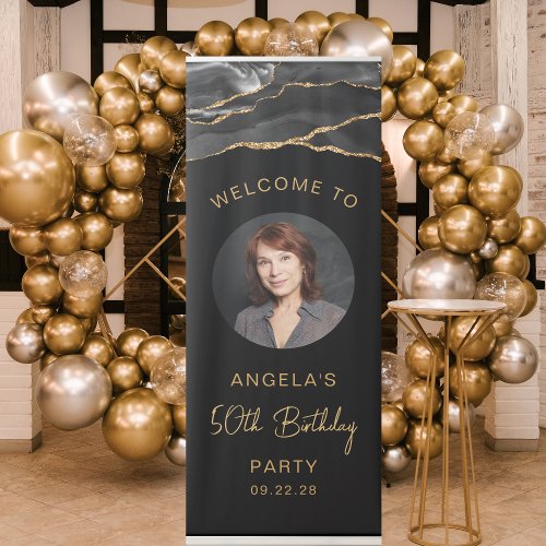 Custom Photo 50th Birthday Black Gold Agate Retractable Banner