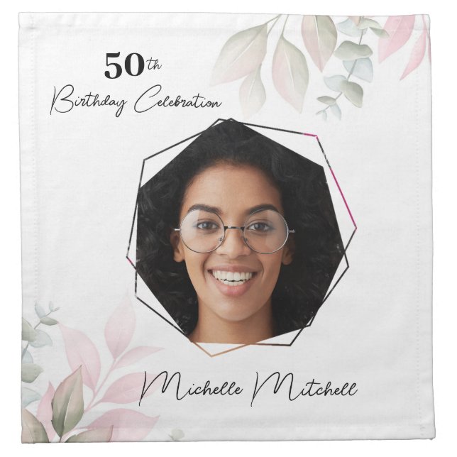 Custom Photo 50th Birthday Floral  Cloth Napkin (Front)