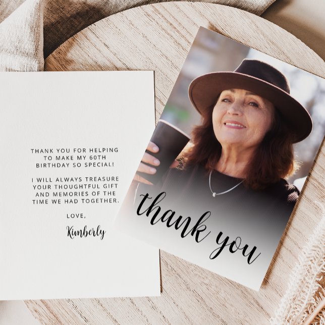 Custom Photo 60th Birthday Party Black Script Thank You Card (Creator Uploaded)