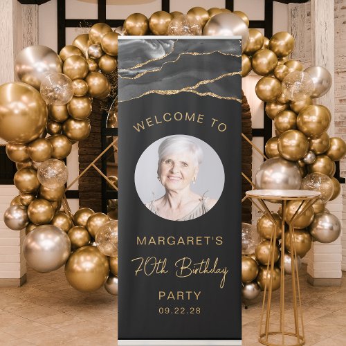 Custom Photo 70th Birthday Black Gold Agate Retractable Banner