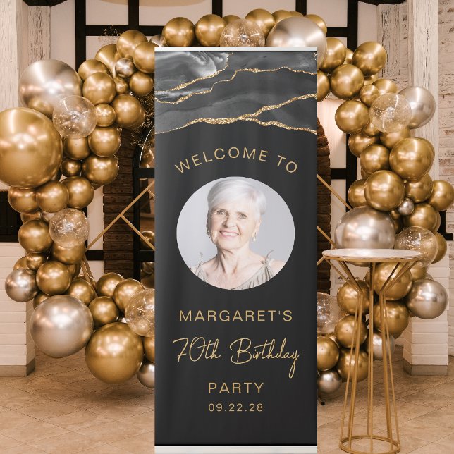 Custom Photo 70th Birthday Black Gold Agate Retractable Banner (Creator Uploaded)