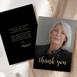 Custom Photo 70th Birthday Party Thank You Card<br><div class="desc">The front of this 70th birthday invitation features the guest of honor's photo with the words "thank you" in elegant gold-colored calligraphy script overlay. A dark screen helps make the text pop. Customize the reverse side with your personal message in gold-colored sans serif font and your name in script on...</div>
