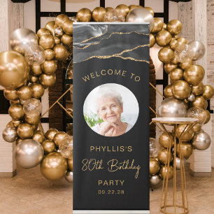 Custom Photo 80th Birthday Black Gold Agate Retractable Banner