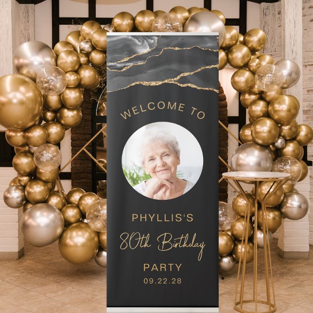 Custom Photo 80th Birthday Black Gold Agate Retractable Banner (Creator Uploaded)