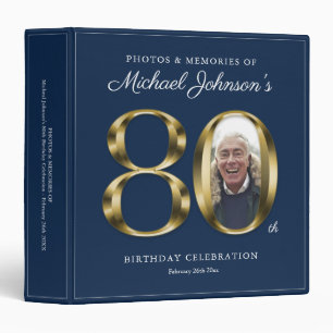Custom Photo 80th Birthday Blue Elegant Gold 3 Ring Binder