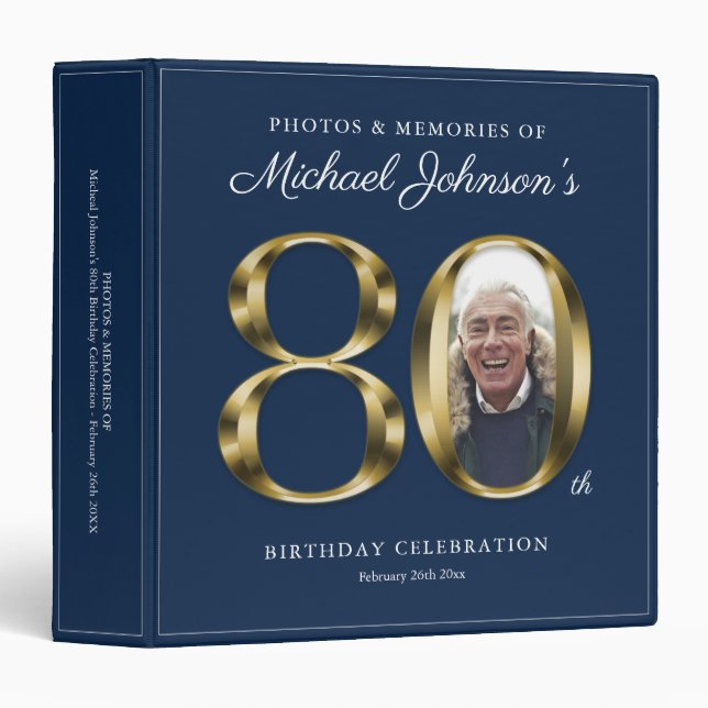 Custom Photo 80th Birthday Blue Elegant Gold 3 Ring Binder (Front/Spine)