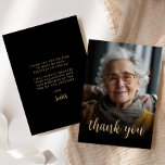 Custom Photo 80th Birthday Party Thank You Card<br><div class="desc">The front of this 80th birthday invitation features the guest of honor's photo with the words "thank you" in elegant gold-colored calligraphy script overlay. A dark screen helps make the text pop. Customize the reverse side with your personal message in gold-colored sans serif font and your name in script on...</div>